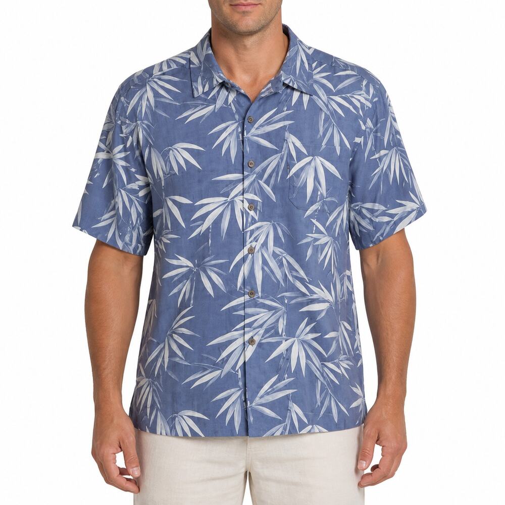 Jamaica Jaxx Shirt Mens Large Blue White Silk Bamboo Leaf Hawaiian Button Up